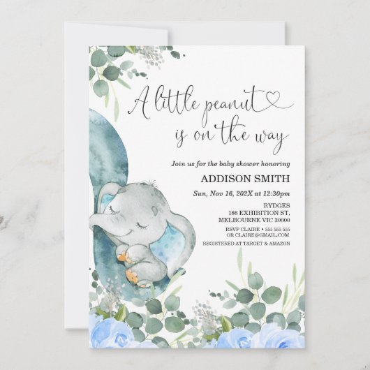 Invitation Un petit Baby shower d'éléphant à fleurs d'arachid (Devant)