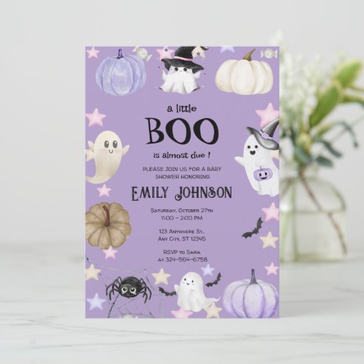 Invitation Un petit Baby shower d'Halloween Boo violet (Debout devant)