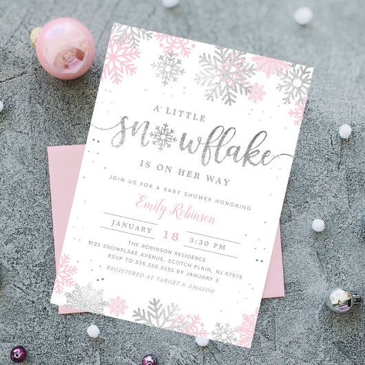 Invitation Un petit Baby shower d'hiver rose en argent