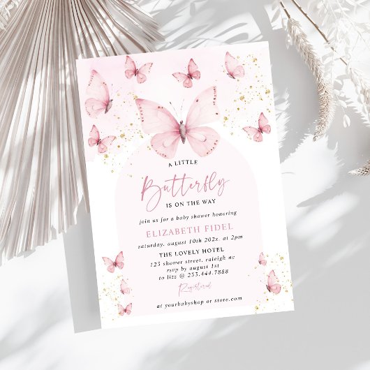Invitation Un petit Baby shower d'or rose papillon