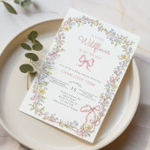Invitation Un petit Baby shower Fleur sauvage Bow cadre rose