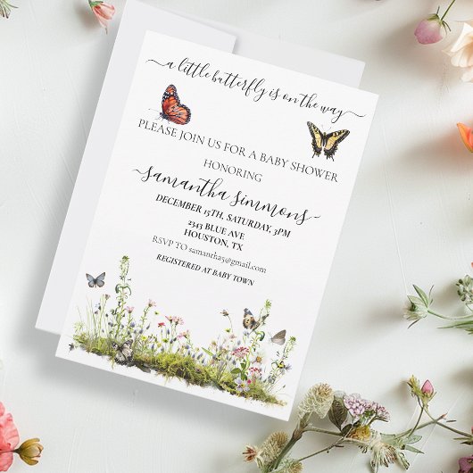 Invitation Un petit Baby shower Fleur sauvage papillon