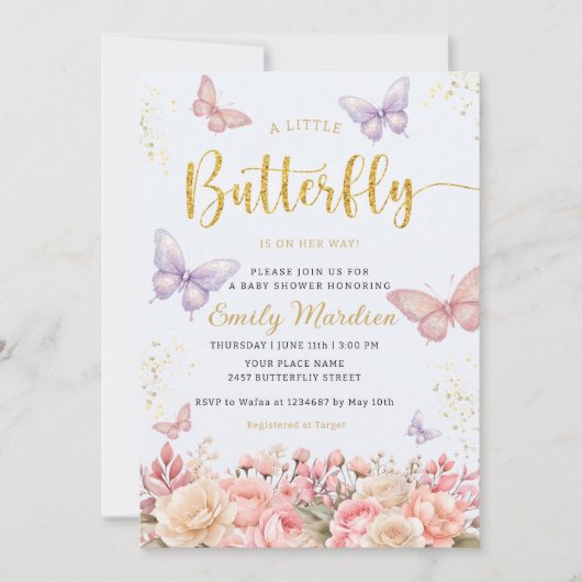 Invitation Un petit baby shower fleuri de papillon Boho (Devant)