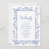 Invitation Un petit Baby shower floral bleu et blanc à papill (Devant)