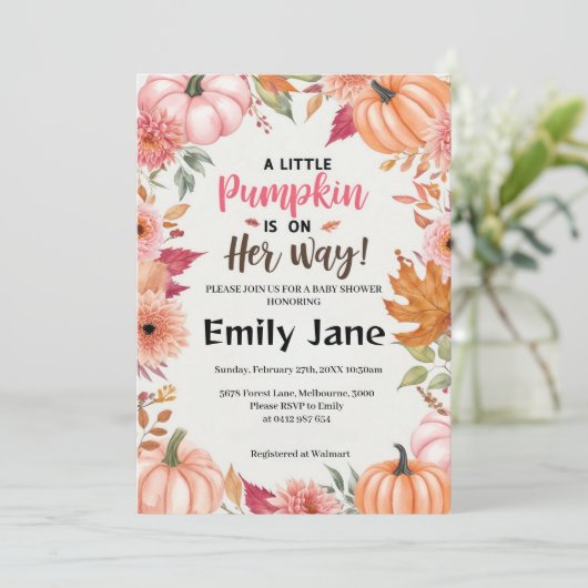 Invitation Un petit Baby shower Floral Citrouille (Debout devant)