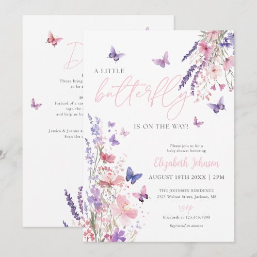 Invitation Un Petit Baby shower Floral De Papillon Tout En Un (Devant / Derrière)