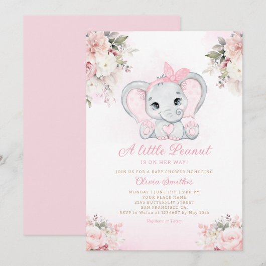 Invitation Un Petit Baby shower Floral Eléphant Fille Arachid (Devant / Derrière)