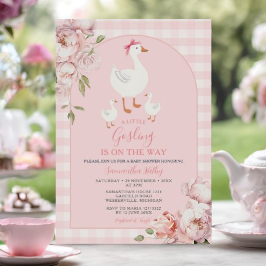 Invitation Un Petit Baby shower Floral Rose Gosling En vichy