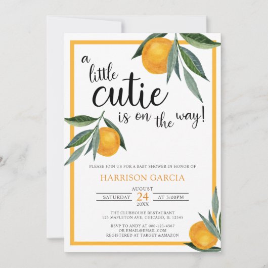 Invitation Un petit Baby shower orange Clementine (Devant)