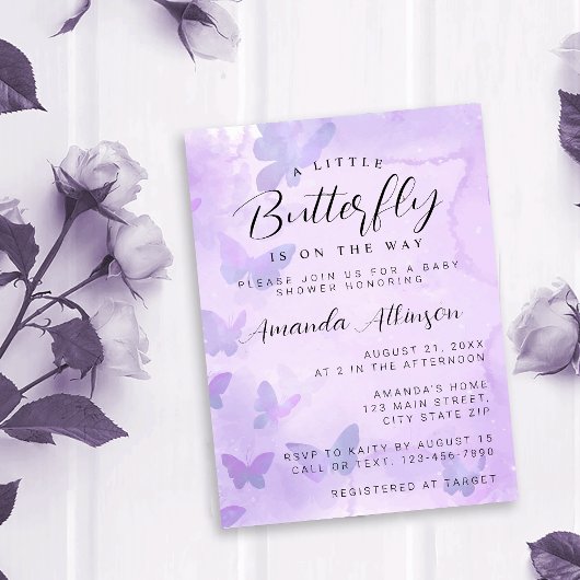 Invitation Un petit Baby shower pourpre à papillon