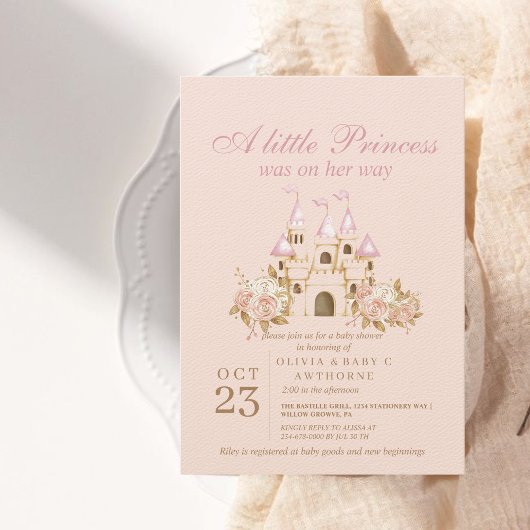 Invitation Un petit Baby shower Princess Pink Gold Castle