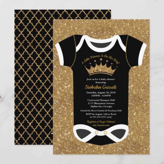 Invitation Un petit Baby shower princesse Black & Royal Gold (Devant / Derrière)