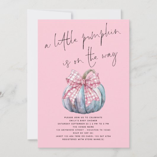Invitation Un petit Baby shower rose Citrouille Coquette Bow (Devant)