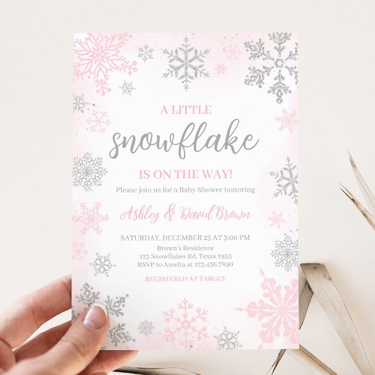 Invitation Un petit Baby shower rose Flocon de neige