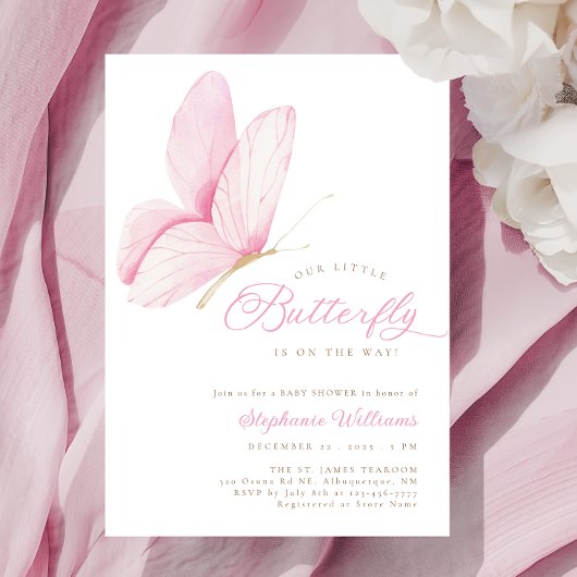 Invitation Un petit Baby shower rose papillon