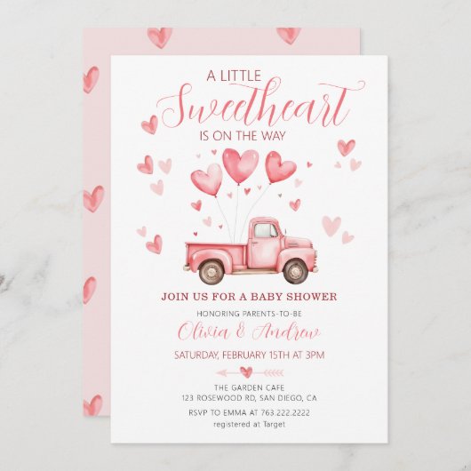 Invitation Un petit Baby shower rose valentin (Devant / Derrière)