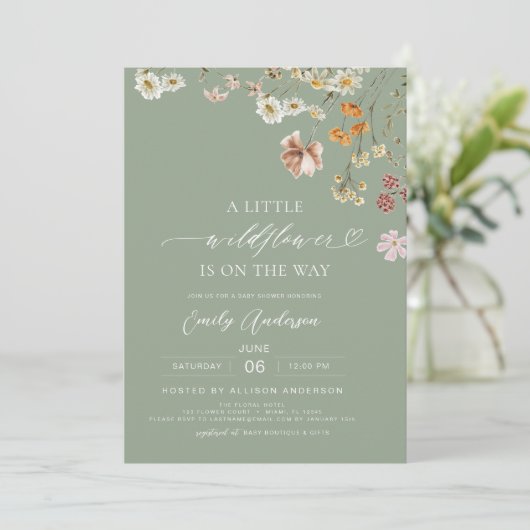 Invitation Un Petit Baby shower Vert Boho Sage Fleur sauvage (Debout devant)