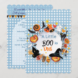 Invitation Un petit Boo est attendu Code QR Gingham Bleu Clai