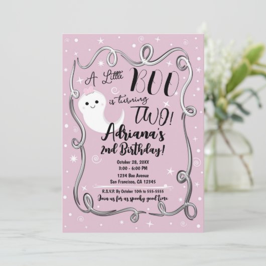 Invitation Un petit Boo qui fête ses 2 DEUX ans Fantôme rose (Debout devant)