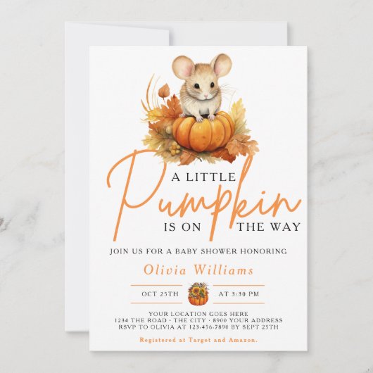 Invitation Un petit Citrouille Automne Automne MOUSE Baby sho (Devant)