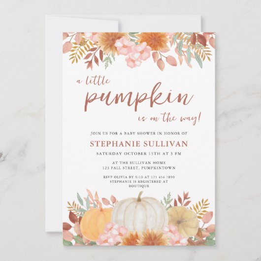 Invitation Un Petit Citrouille Automne Baby shower Floral Aut (Devant)