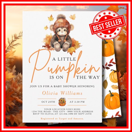 Invitation Un Petit Citrouille Automne Baby shower MONKEY D'A