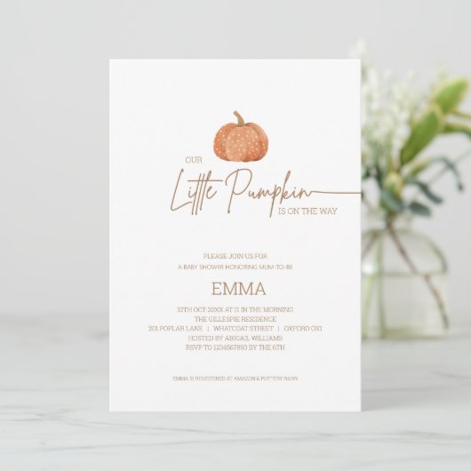 Invitation Un petit Citrouille Automne Baby shower neutre de (Debout devant)