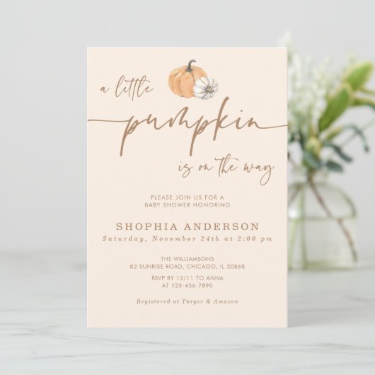 Invitation Un petit Citrouille Automne Baby shower neutre de (Debout devant)