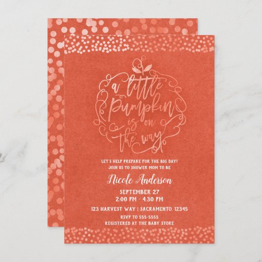 Invitation Un petit Citrouille Automne Rustique Orange Baby s (Devant / Derrière)