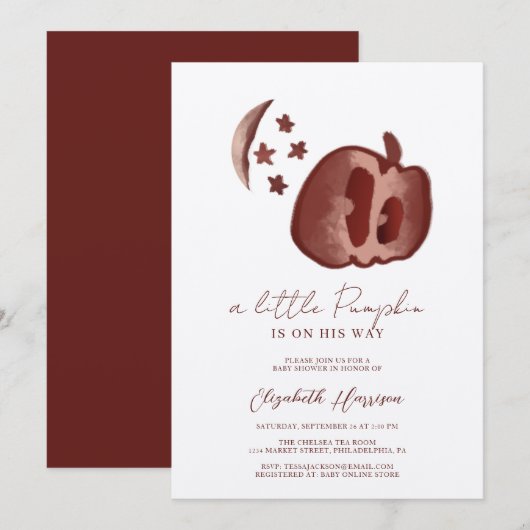 Invitation Un Petit Citrouille Bleu Aquarelle Bébé Garçon Dou (Devant / Derrière)