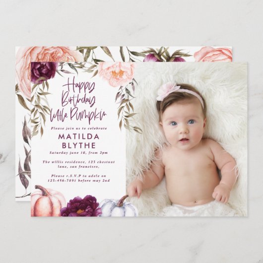 Invitation Un petit citrouille chute violet pêche photo d'ann (Devant / Derrière)