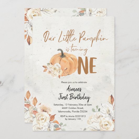 Invitation Un petit Citrouille devient une fille anniversaire (Devant / Derrière)