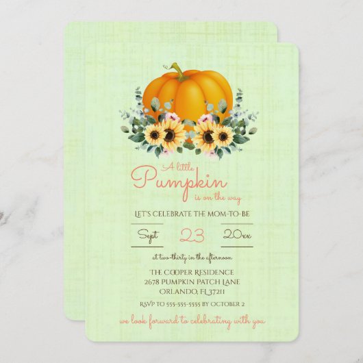 Invitation Un petit Citrouille est en route Baby shower Invit (Devant / Derrière)
