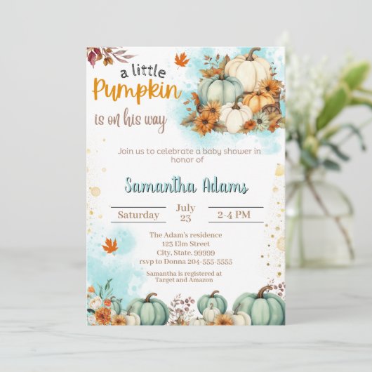 Invitation Un petit Citrouille est sur son chemin Baby shower (Debout devant)