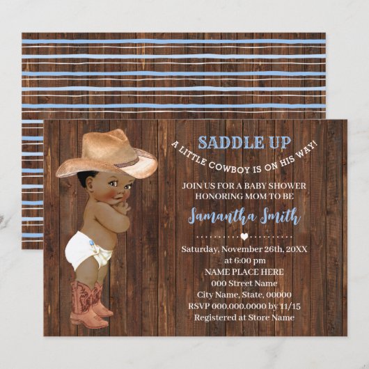 Invitation Un petit cowboy AA sur son chemin Baby shower bleu (Devant / Derrière)