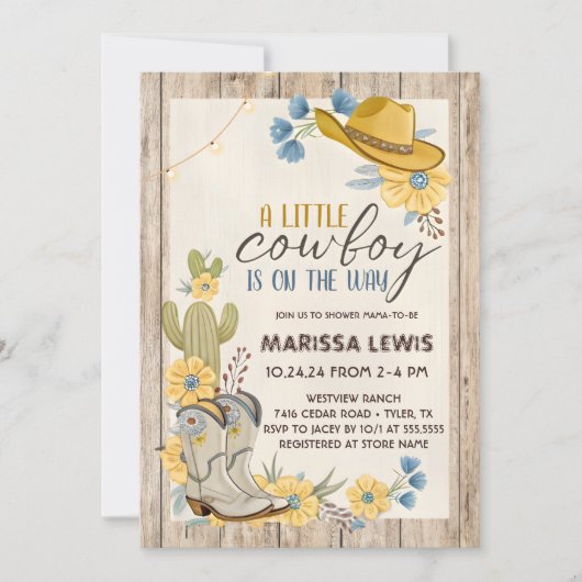 Invitation Un Petit Cowboy Est En Route Bleu Jaune Western (Devant)
