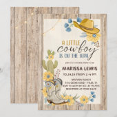 Invitation Un Petit Cowboy Est En Route Bleu Jaune Western (Devant / Derrière)