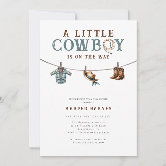 Invitation Un Petit Cowboy est en Route Fête Prénatale Bébé G (Devant)
