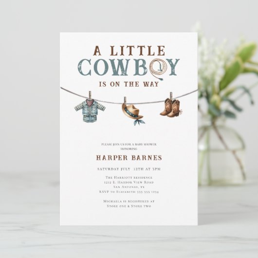 Invitation Un Petit Cowboy est en Route Fête Prénatale Bébé G (Debout devant)