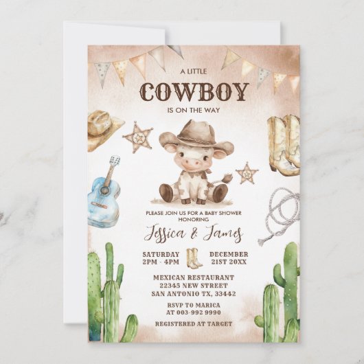 Invitation Un petit cowboy est sur le Baby shower Way (Devant)