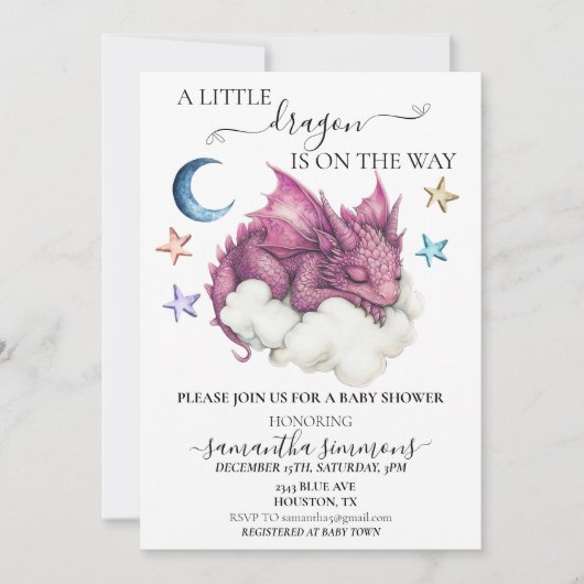 Invitation Un petit dragon dormant sur le Baby shower nuageux (Devant)