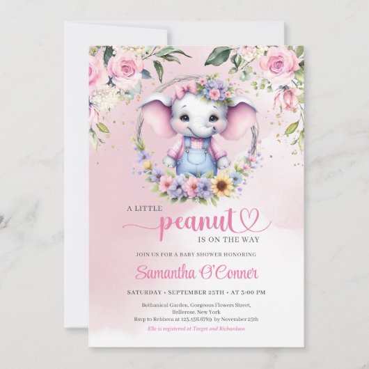 Invitation Un petit éléphant d'arachide douce rose pastel flo (Devant)
