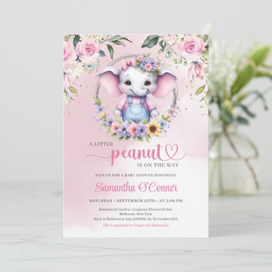 Invitation Un petit éléphant d'arachide douce rose pastel flo (Debout devant)