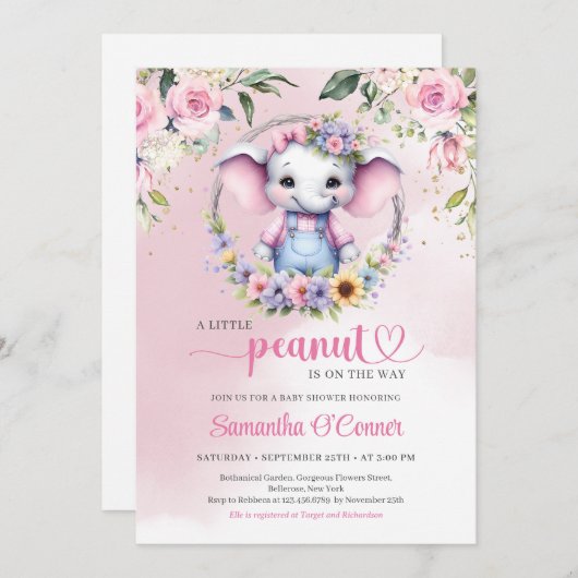 Invitation Un petit éléphant d'arachide douce rose pastel flo (Devant / Derrière)