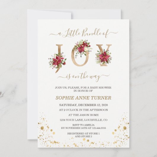 Invitation Un Petit Ensemble De Joy Poinsettia Baby shower Or (Devant)
