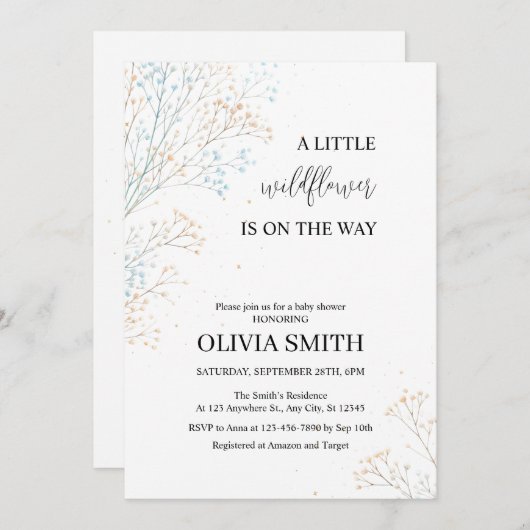 Invitation Un Petit Fleur sauvage Est En Route, Baby shower (Devant / Derrière)