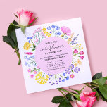 Invitation Un Petit Fleur sauvage fête son premier anniversai<br><div class="desc">Cette 'Petite Fleur sauvage fait un tour' première invitation à la fête d'anniversaire présente une couronne circulaire rose entourée de fleurs sauvages aux couleurs de l'arc-en-ciel. Cette invitation peut également être modifiée pour convenir à d'autres âges. Voir l'ensemble de la collection de fêtes de correspondance. Toutes les oeuvres sont illustrées...</div>