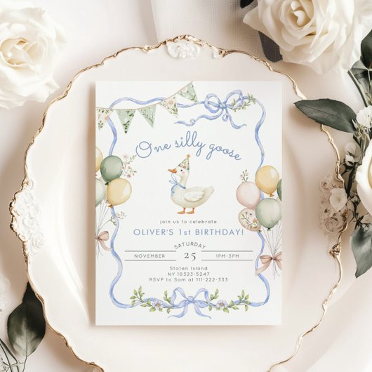 Invitation Un petit garçon bleu oie bête 1er anniversaire