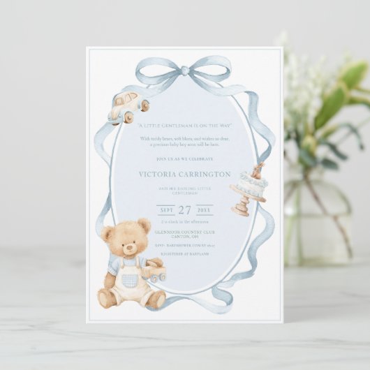 Invitation Un petit gentleman ours bleu bébé garçon (Debout devant)