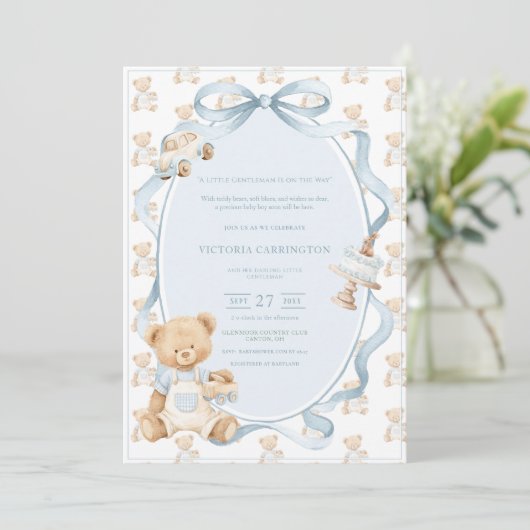 Invitation Un petit gentleman ours en bleu bébé garçon (Debout devant)
